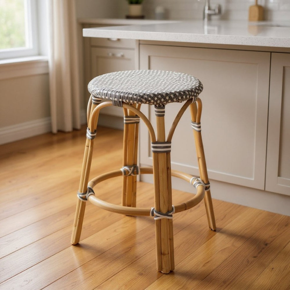 HomeRoots 24" Stylish Backless Counter Height Bar Stool with Natural Gray Mosaic Seat & Rattan Base for Comfort 389088