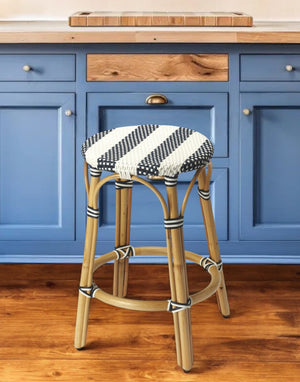 HomeRoots 24" Coastal Blue & White Rattan Backless Counter Stool - Stylish, Lightweight Design for Any Space 389092