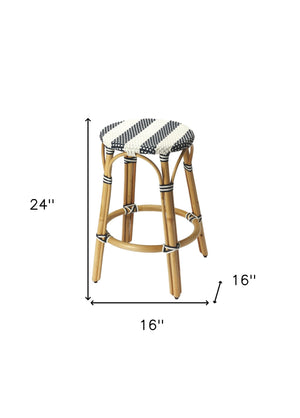 Homeroots 24" Blue White And Natural Rattan Backless Counter Height Bar Chair   389092