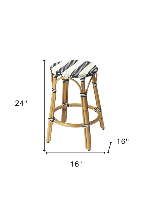 Homeroots 24" Blue White And Natural Rattan Backless Counter Height Bar Chair   389092