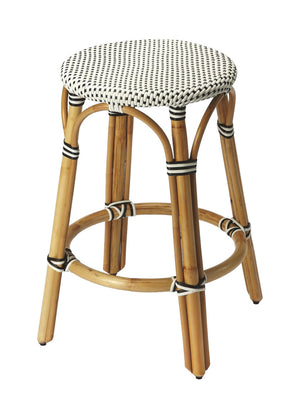 Homeroots 24" Black And White And Natural Heavy Duty Plastic And Rattan Backless Counter Height Bar Chair   389094