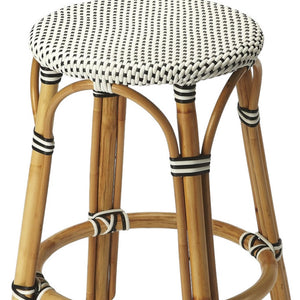Homeroots 24" Black And White And Natural Heavy Duty Plastic And Rattan Backless Counter Height Bar Chair   389094