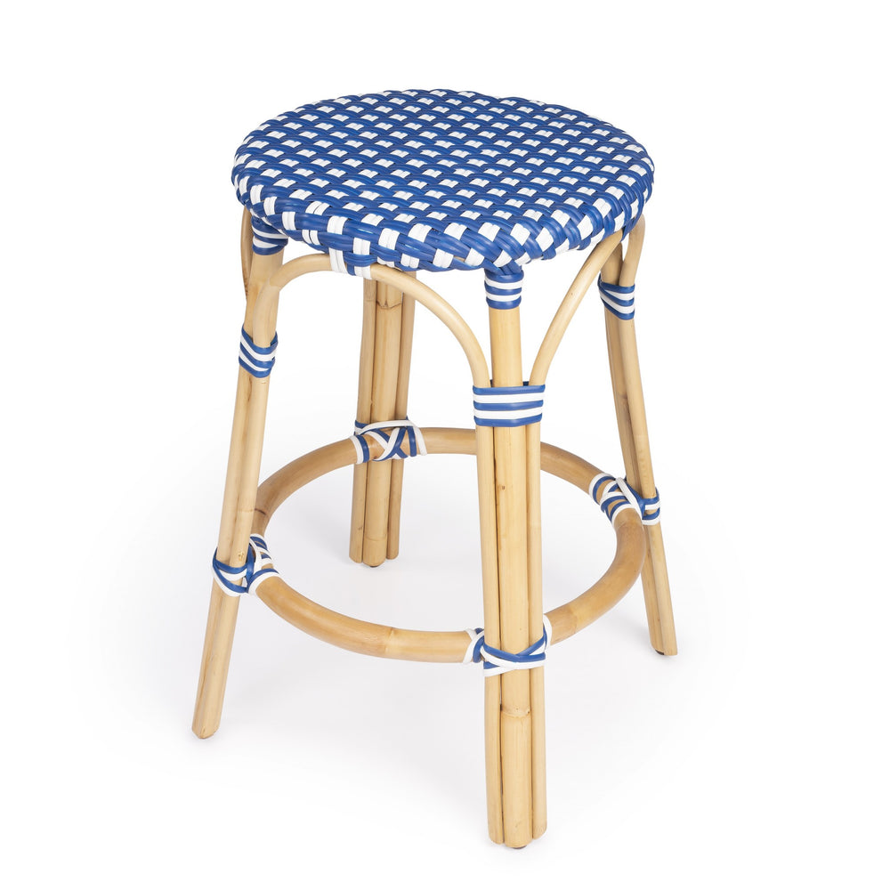 Homeroots 24" Blue And White And Wood Brown Heavy Duty Rattan Backless Counter Height Bar Chair   389098