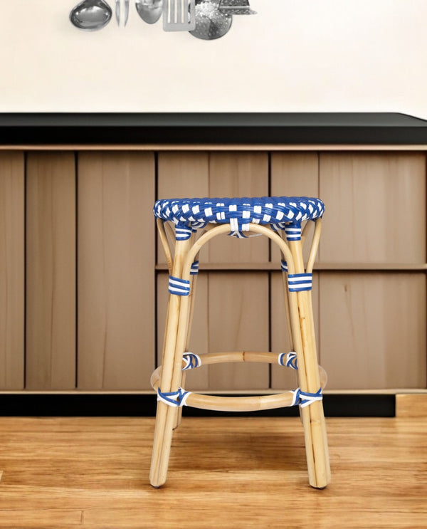 Homeroots 24" Blue And White And Wood Brown Heavy Duty Rattan Backless Counter Height Bar Chair   389098