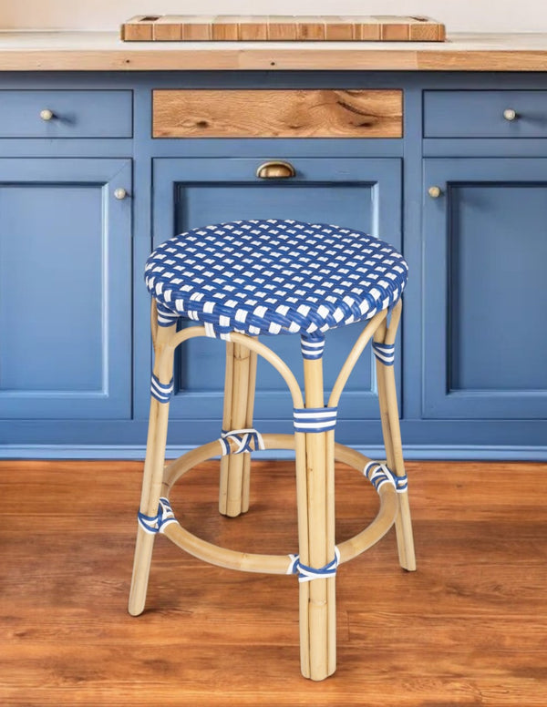 HomeRoots 24" Coastal Blue and White Rattan Backless Bar Stool - Stylish, Durable Seating for Home Bars & Kitchens 389098