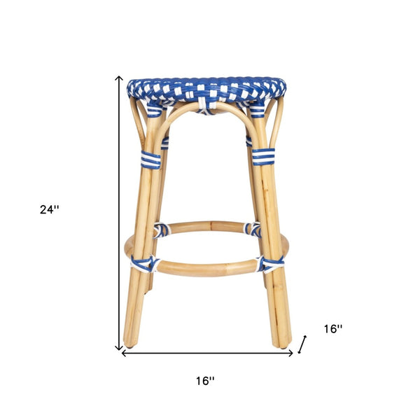 HomeRoots 24" Coastal Blue and White Rattan Backless Bar Stool - Stylish, Durable Seating for Home Bars & Kitchens 389098