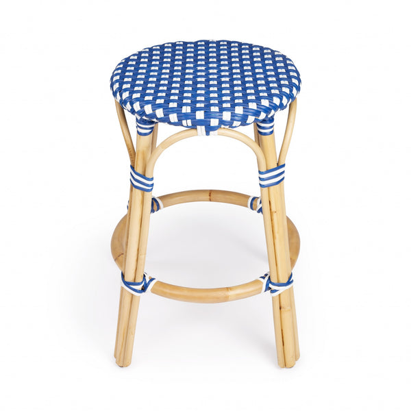 Homeroots 24" Blue And White And Wood Brown Heavy Duty Rattan Backless Counter Height Bar Chair   389098