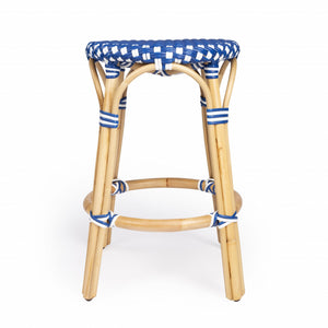 Homeroots 24" Blue And White And Wood Brown Heavy Duty Rattan Backless Counter Height Bar Chair   389098