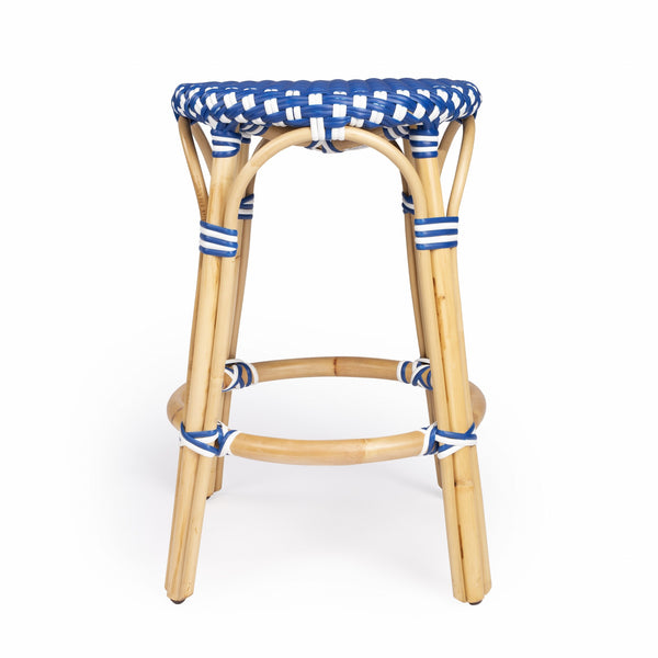 Homeroots 24" Blue And White And Wood Brown Heavy Duty Rattan Backless Counter Height Bar Chair   389098