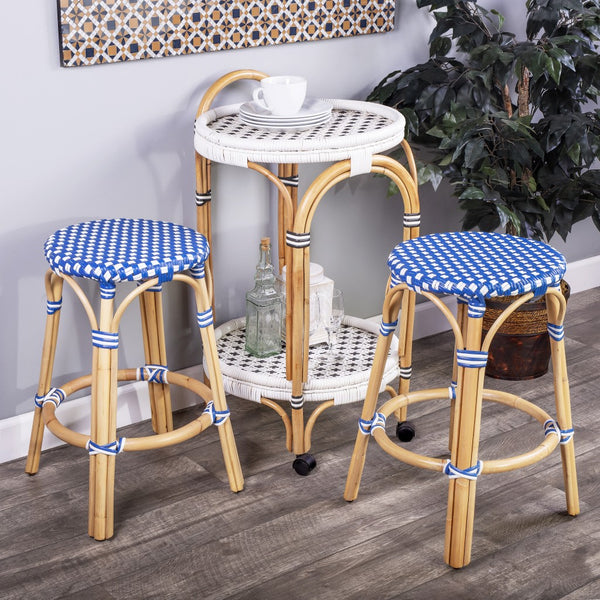 Homeroots 24" Blue And White And Wood Brown Heavy Duty Rattan Backless Counter Height Bar Chair   389098
