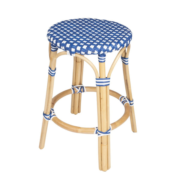 HomeRoots 24" Coastal Blue and White Rattan Backless Bar Stool - Stylish, Durable Seating for Home Bars & Kitchens 389098
