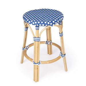 Homeroots 24" Blue And White And Wood Brown Heavy Duty Rattan Backless Counter Height Bar Chair   389098