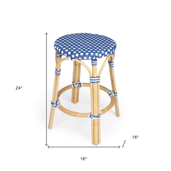 Homeroots 24" Blue And White And Wood Brown Heavy Duty Rattan Backless Counter Height Bar Chair   389098