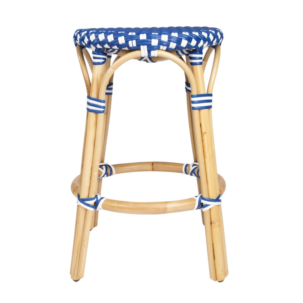 HomeRoots 24" Coastal Blue and White Rattan Backless Bar Stool - Stylish, Durable Seating for Home Bars & Kitchens 389098