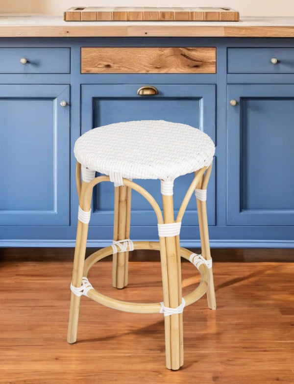 HomeRoots 24" White and Natural Rattan Backless Bar Stool - Stylish, Weather-Resistant Counter Height Seating for All Spaces 389100