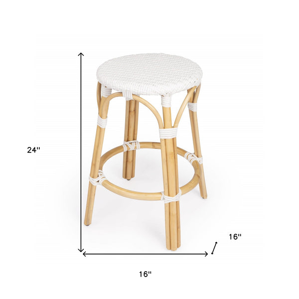Homeroots 24" White And Natural Heavy Duty Rattan Backless Counter Height Bar Chair   389100
