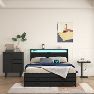 English Elm Queen Storage Bed Frame with 8 Drawers, LED Headboard, USB Charging, Metal Platform, Noise-Free Design W2129P369350