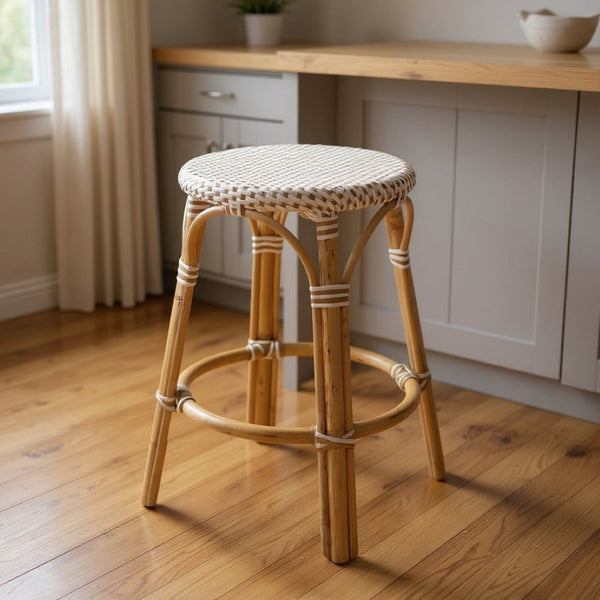 HomeRoots 24" Stylish Natural and White Rattan Backless Counter Stool for Café-Inspired Indoor/Outdoor Seating 389108