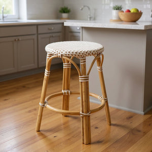 HomeRoots 24" Stylish Natural and White Rattan Backless Counter Stool for Café-Inspired Indoor/Outdoor Seating 389108