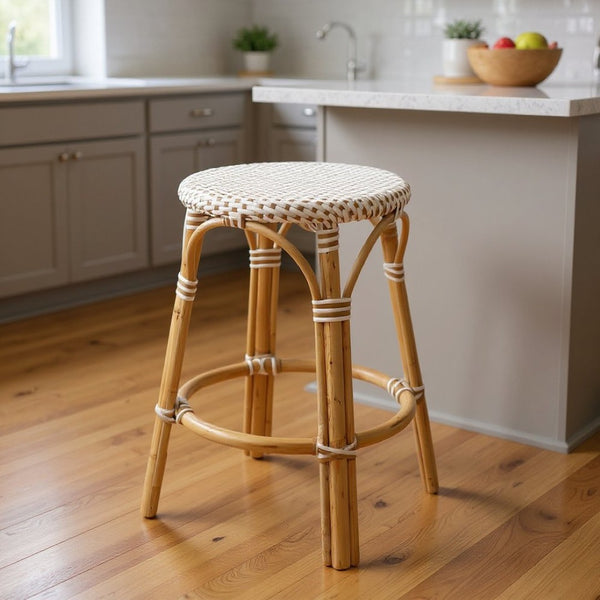 HomeRoots 24" Stylish Natural and White Rattan Backless Counter Stool for Café-Inspired Indoor/Outdoor Seating 389108