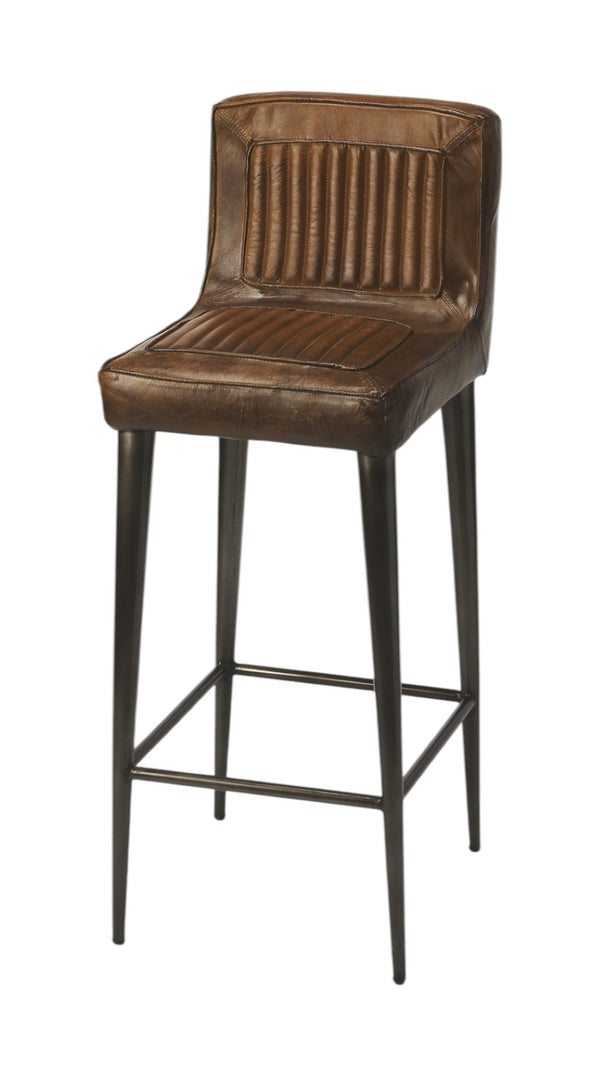 HomeRoots 32" Stylish Brown and Black Bar Chair - Comfortable Manufactured Wood with Iron Frame for Modern Spaces 389113