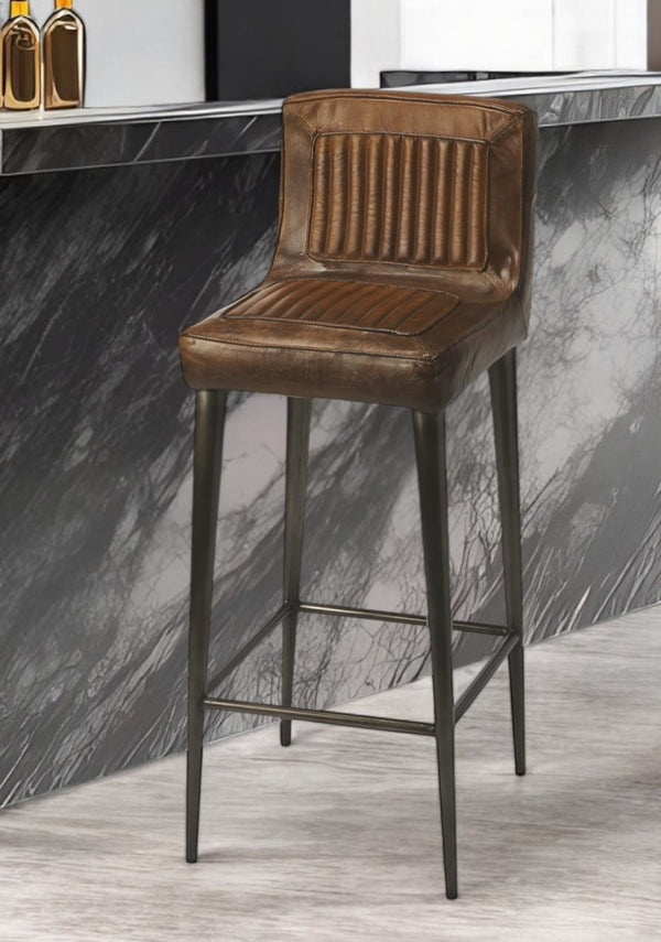 HomeRoots 32" Stylish Brown and Black Bar Chair - Comfortable Manufactured Wood with Iron Frame for Modern Spaces 389113