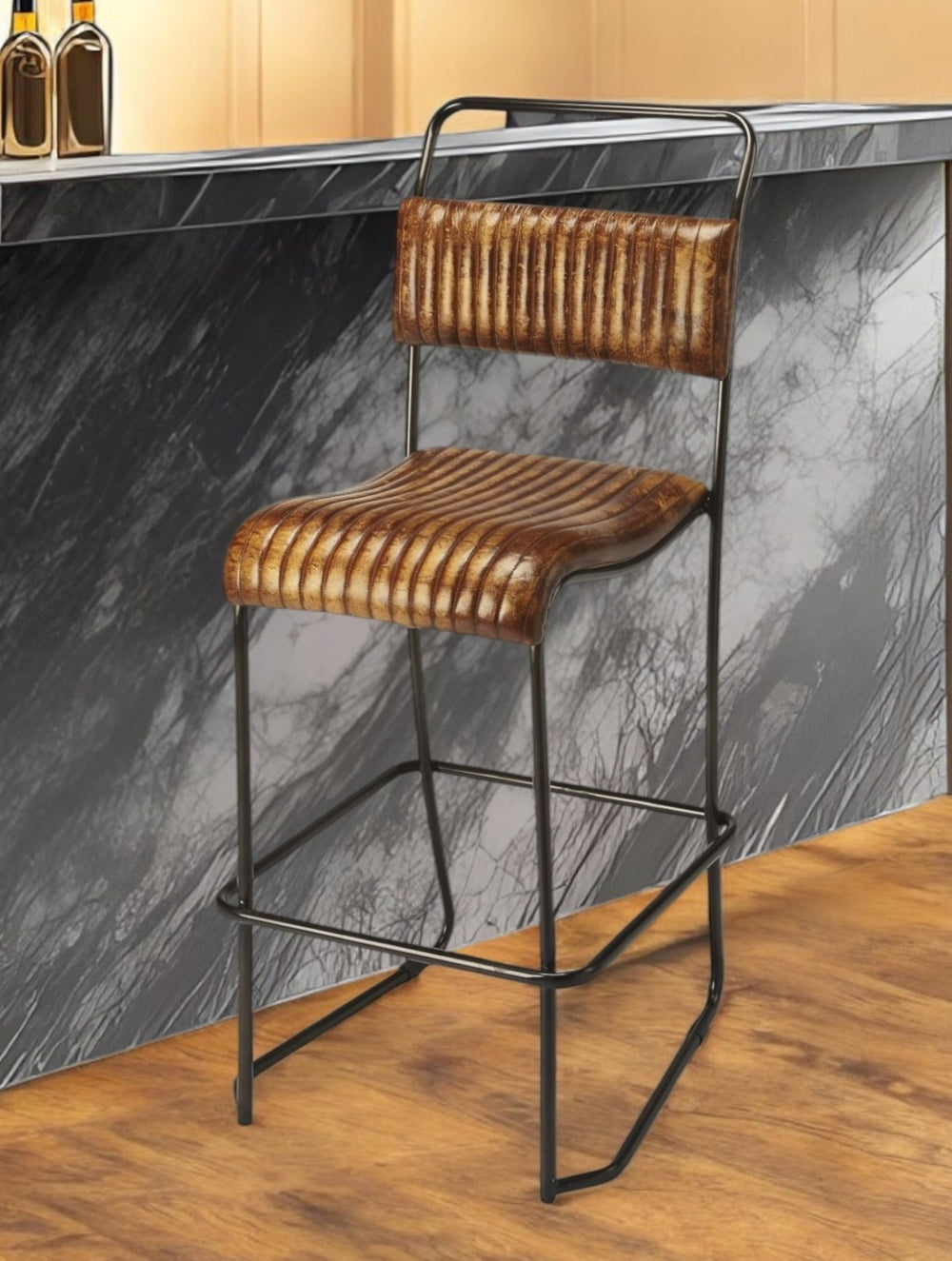 HomeRoots 31" Brown and Black Iron Bar Chair - Stylish, Durable Seating for Modern Homes and Cafés 389115