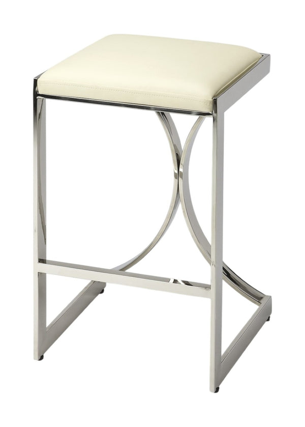 HomeRoots 24" Modern Off White Faux Leather Bar Chair with Silver Iron Frame – Stylish Backless Design for Comfort 389116