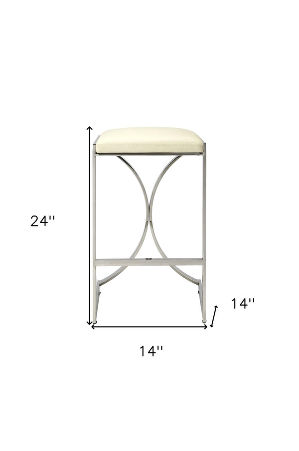HomeRoots 24" Modern Off White Faux Leather Bar Chair with Silver Iron Frame – Stylish Backless Design for Comfort 389116
