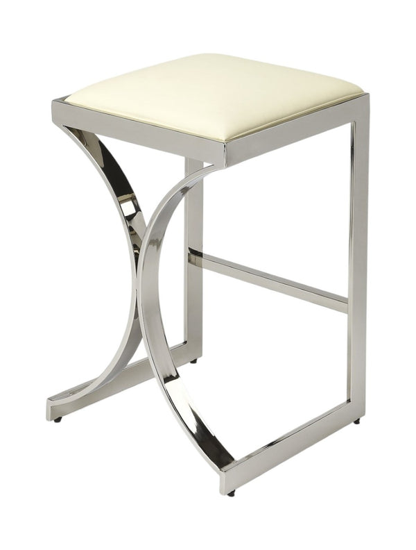 HomeRoots 24" Modern Off White Faux Leather Bar Chair with Silver Iron Frame – Stylish Backless Design for Comfort 389116