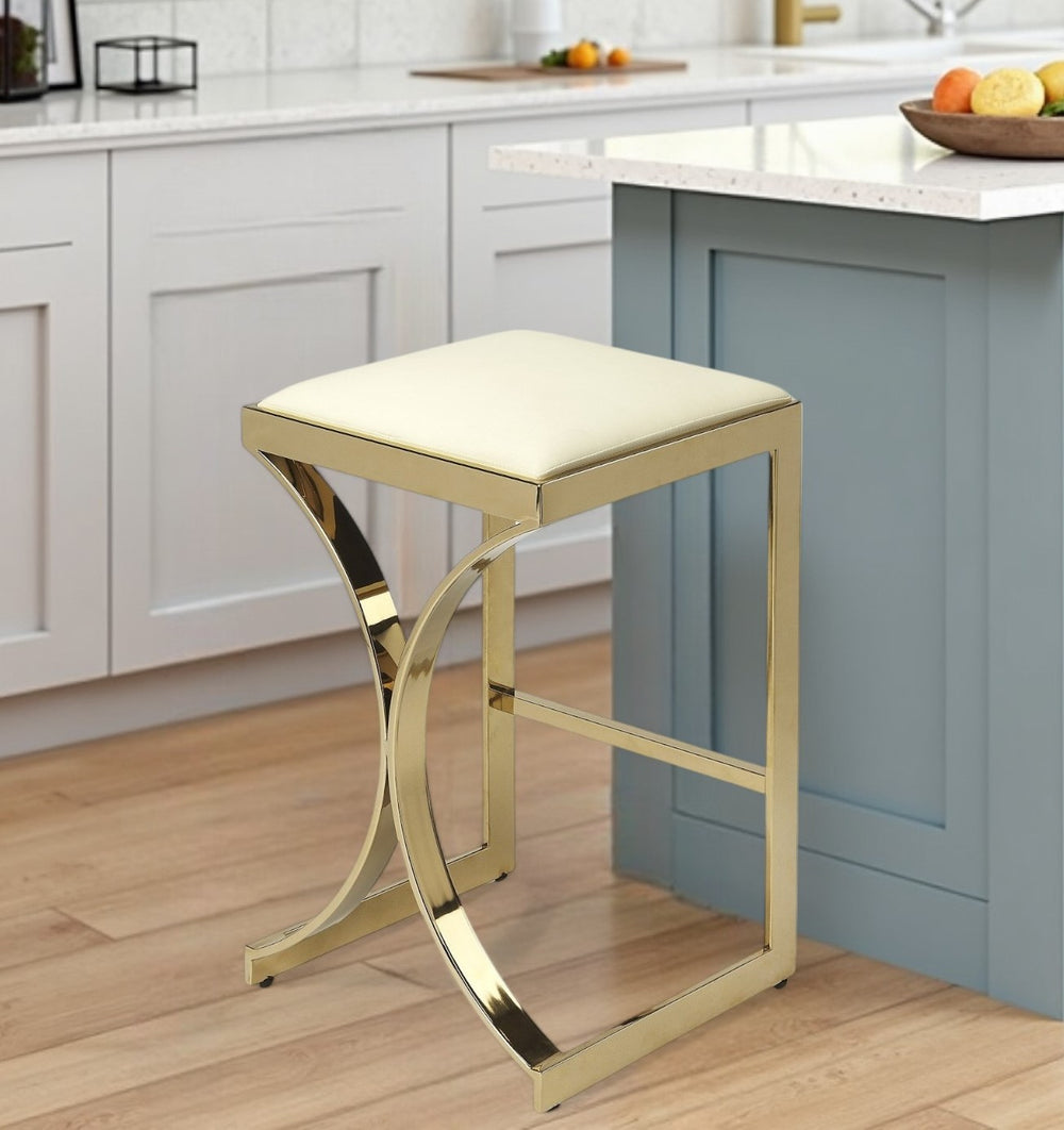 Homeroots 24" Off White And Gold Faux Leather And Iron Backless Counter Height Bar Chair   389117