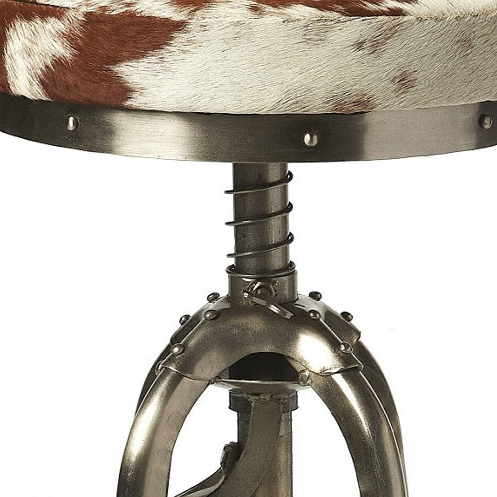 Homeroots Brown And White And Silver Iron Swivel Backless Bar Chair   389123