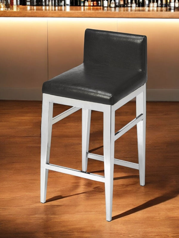 HomeRoots 25" Sleek Black Faux Leather Bar Chair with Brushed Steel Frame - Modern Comfort for Kitchen & Bar 389127