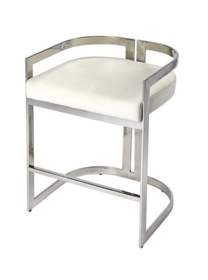 HomeRoots 28" Modern White Stainless Steel & Silver Iron Low Back Counter Chair with Armrests & Footrest 389130