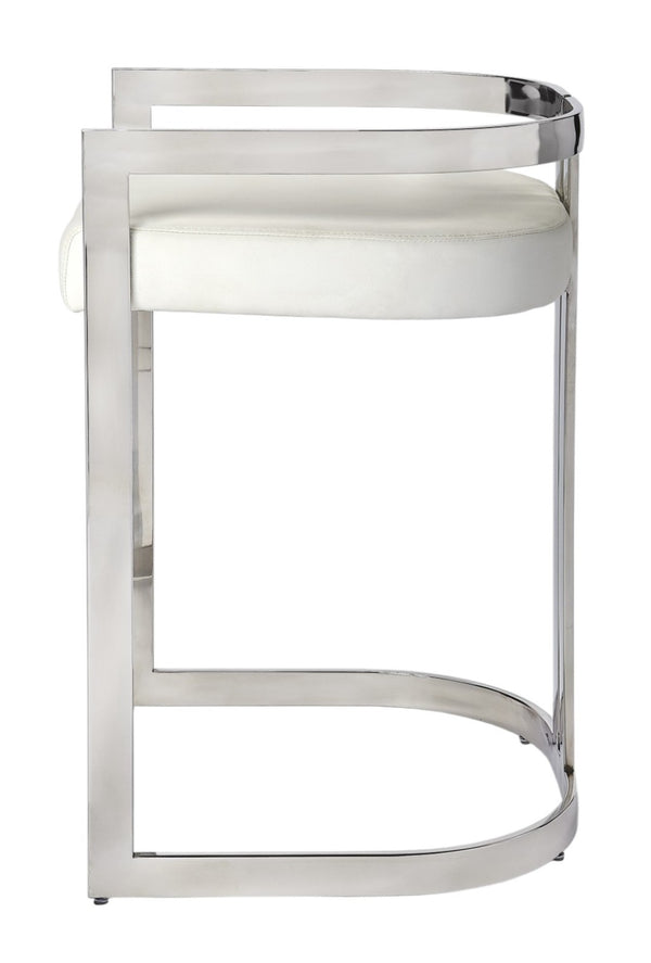 HomeRoots 28" Modern White Stainless Steel & Silver Iron Low Back Counter Chair with Armrests & Footrest 389130
