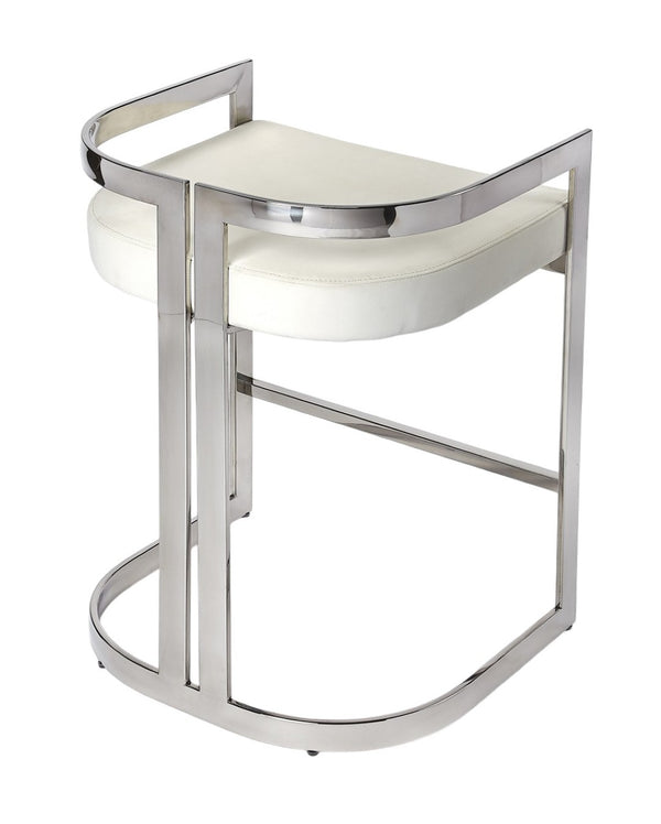 HomeRoots 28" Modern White Stainless Steel & Silver Iron Low Back Counter Chair with Armrests & Footrest 389130