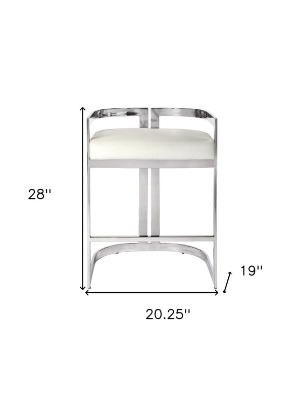 HomeRoots 28" Modern White Stainless Steel & Silver Iron Low Back Counter Chair with Armrests & Footrest 389130