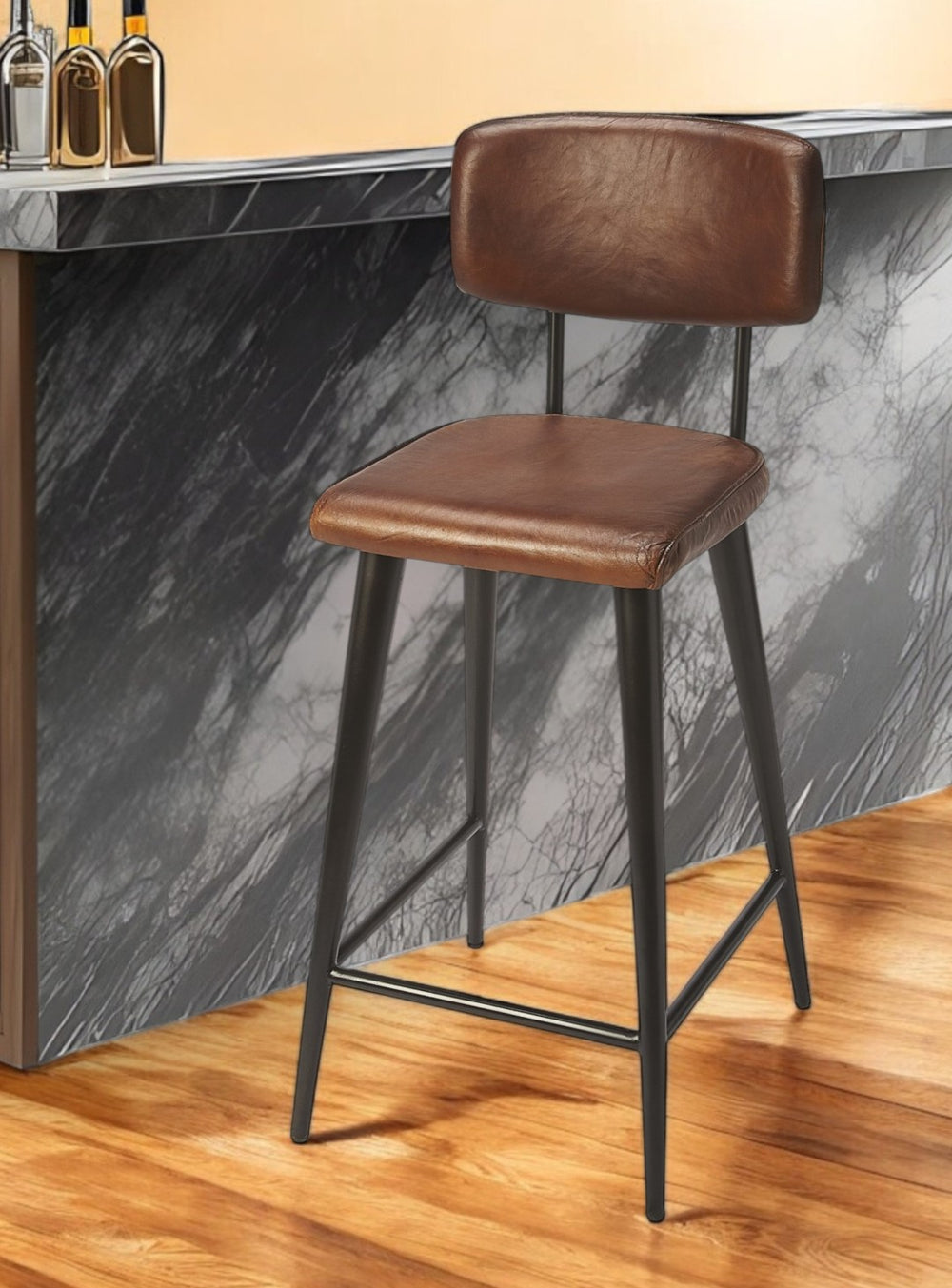 HomeRoots 28" Industrial Iron Bar Chair with Brown Seat - Stylish, Durable Design for Home Bars & Cafés 389132