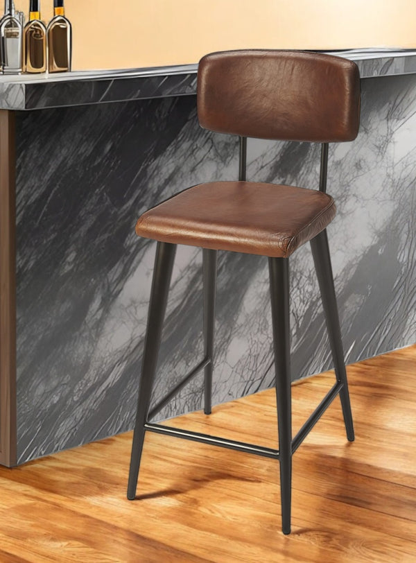 HomeRoots 28" Industrial Iron Bar Chair with Brown Seat - Stylish, Durable Design for Home Bars & Cafés 389132