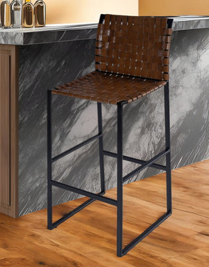 HomeRoots 28" Brown and Black Leather Bar Chair - Stylish Iron Frame, Ergonomic Design for Comfort & Durability 389136