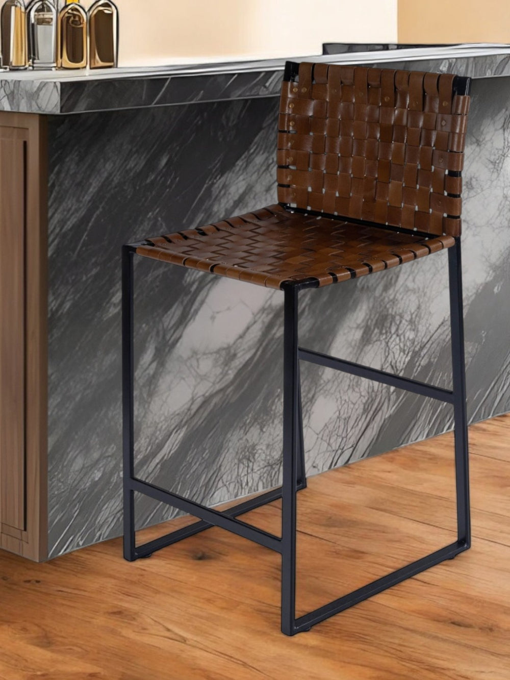 HomeRoots 36" Elegant Brown Leather and Black Iron Bar Chair for Stylish Kitchen or Bar Counter Seating 389137