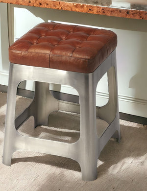 Homeroots 20" Brown And Silver Leather And Iron Backless Bar Chair   389143