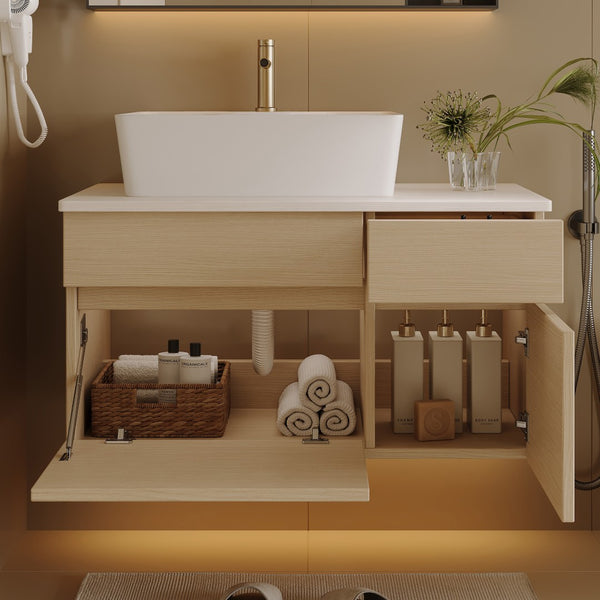 English Elm 31.5 Inch Wall Mounted Bathroom Vanity with Ceramic Vessel Sink and Soft Close Storage W3136S00079