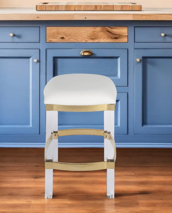 HomeRoots 24" Sleek White and Clear Stainless Steel Backless Bar Chair for Modern Kitchen or Home Bar Use 389151