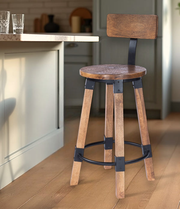 Homeroots 28" Brown And Natural Solid Wood And Iron Bar Chair   389152