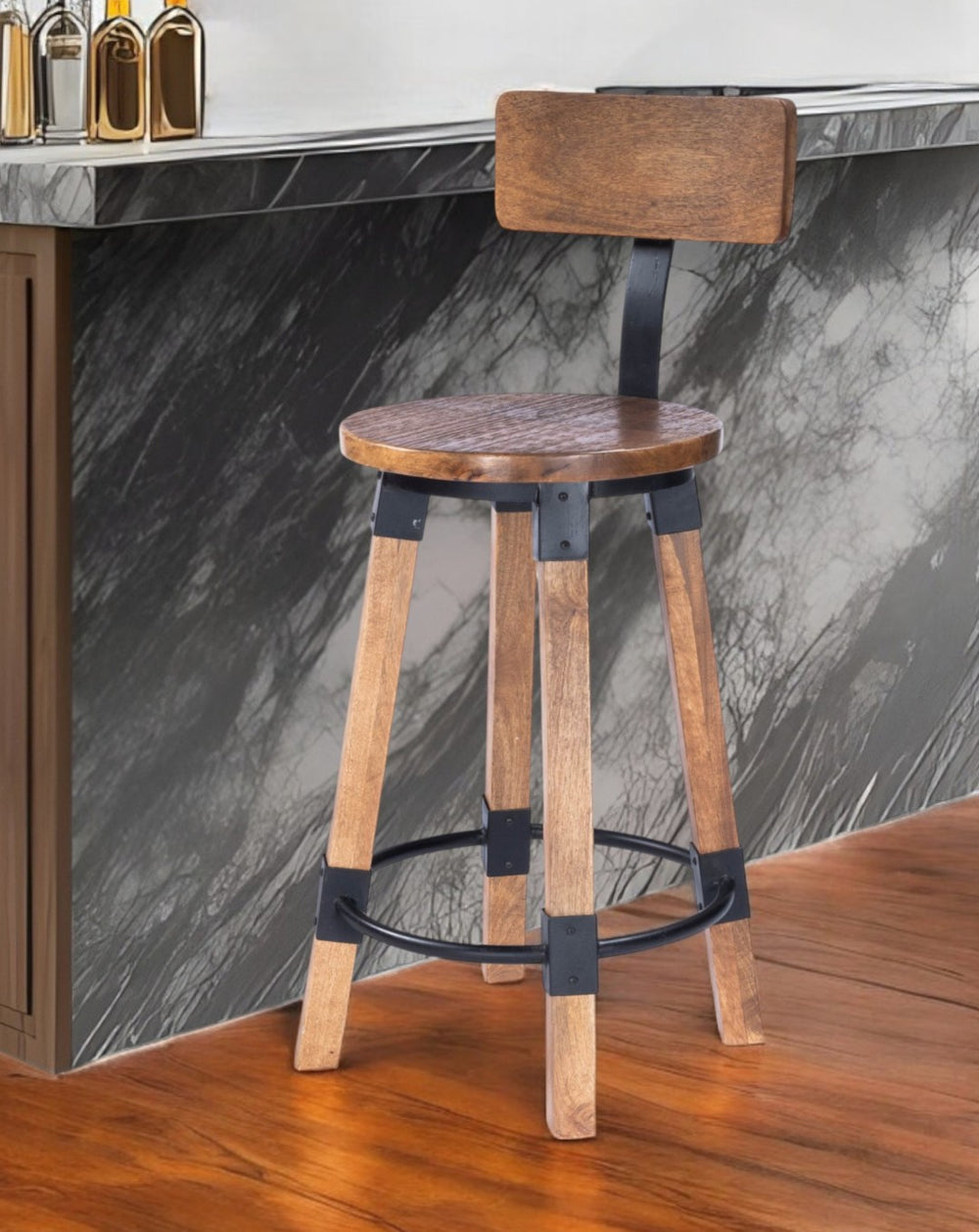 HomeRoots 28" Brown and Natural Solid Wood and Iron Bar Chair - Stylish Industrial Design for Comfort & Durability 389152