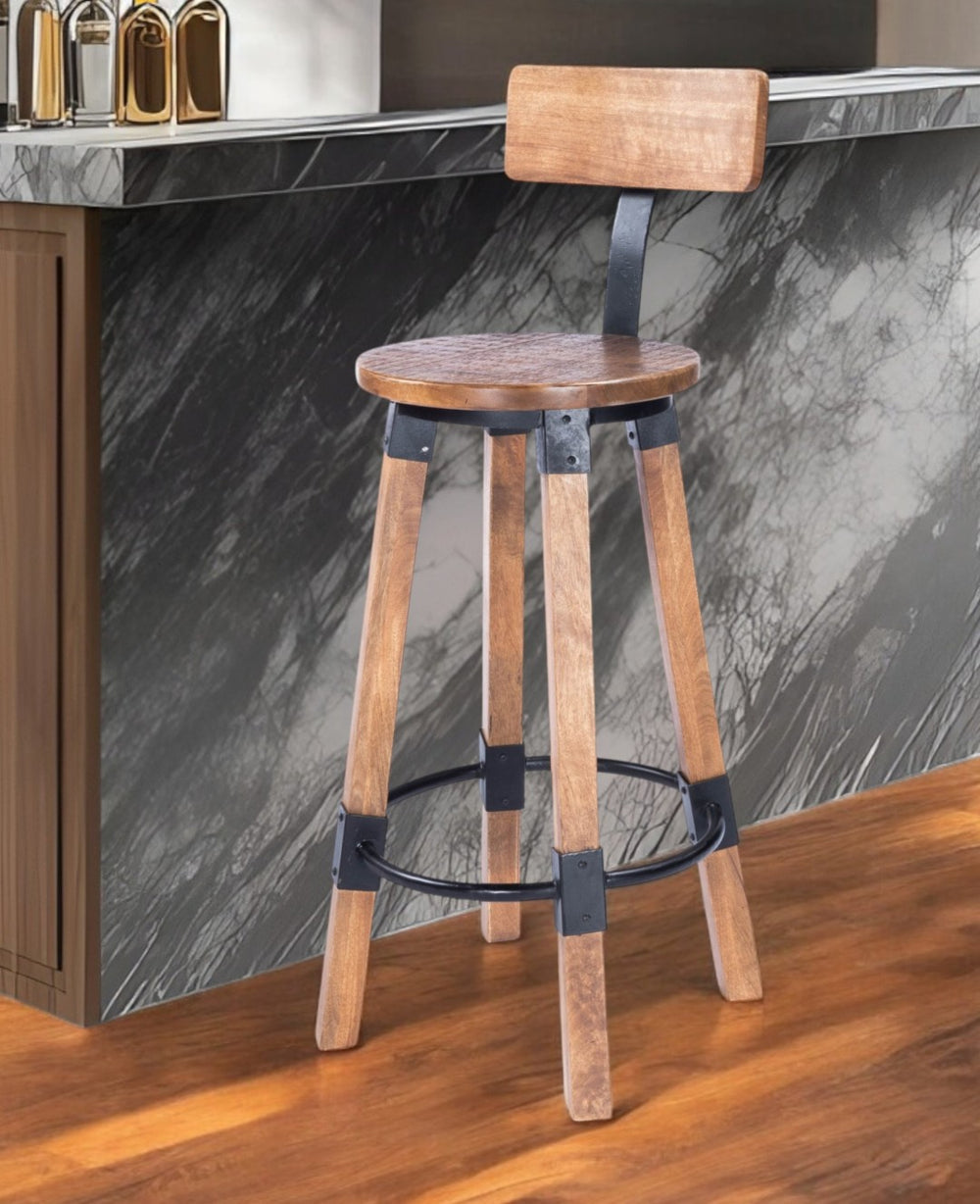 HomeRoots 28" Rustic Brown Solid Wood and Iron Bar Chair for Kitchen Island or Home Bar – Stylish Comfort 389153