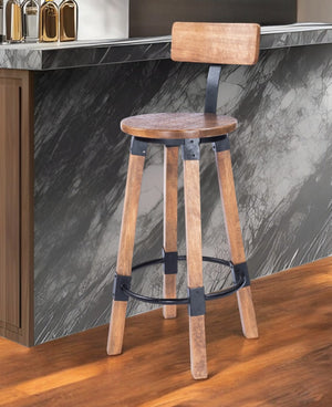 HomeRoots 28" Rustic Brown Solid Wood and Iron Bar Chair for Kitchen Island or Home Bar – Stylish Comfort 389153