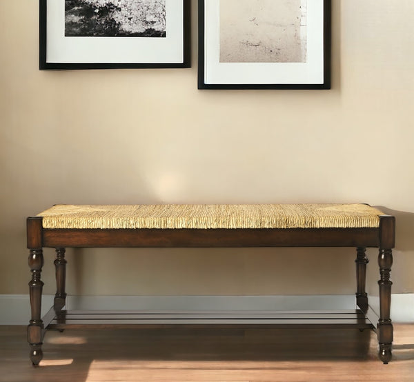 Homeroots 48" Natural And Brown Distressed Wicker Bench  Solid Wood 389161