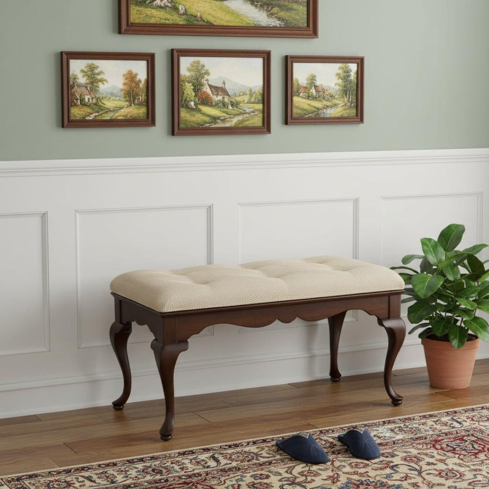 HomeRoots Classic Cherry Brown Finish Bench – Elegant Solid Wood, Button-Tufted Cream Seat for Any Space 389169
